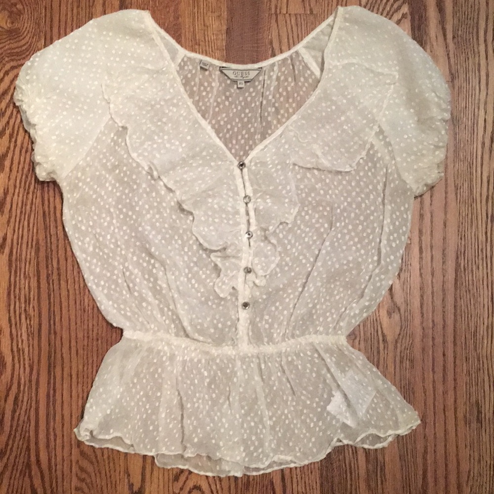 Ivory sheer dot ruffle peplum blouse